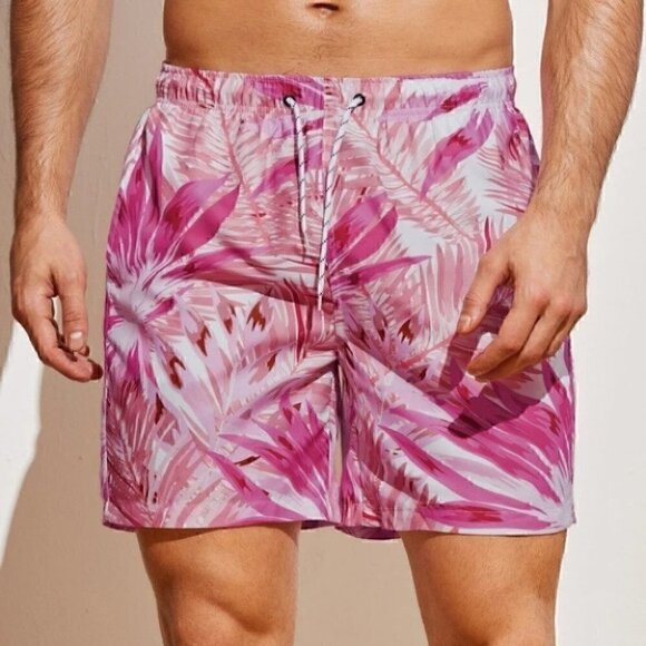 Pink Vacation Style Men Tropical Print Swim Trunks - Picture 1 of 5
